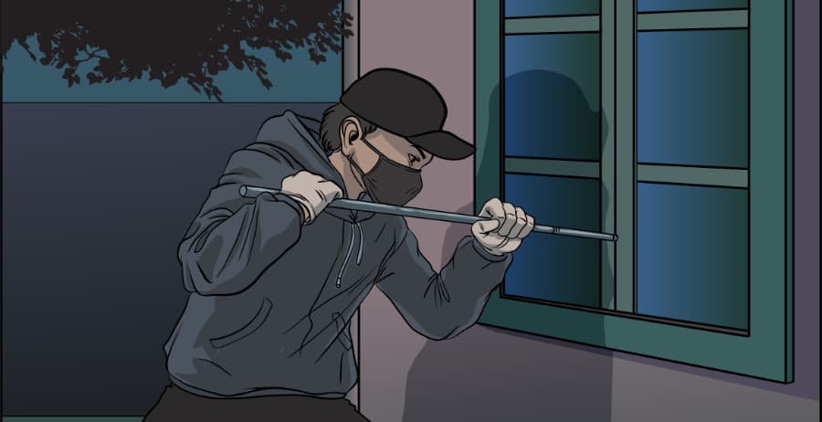 Illustration of burglar forcing entry through a window in Topeka