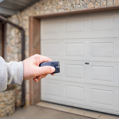 Topeka security key fob pointing to a garage door